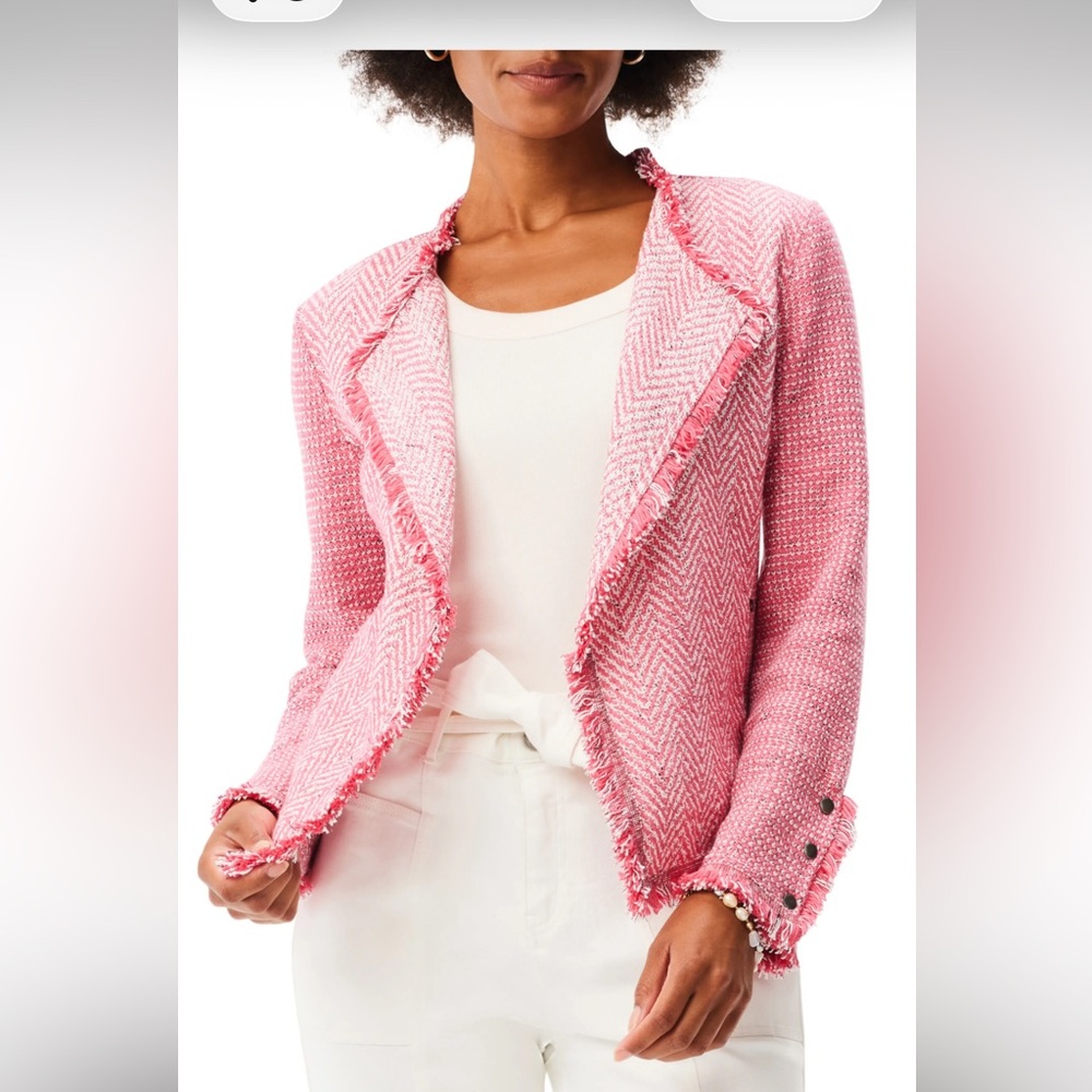 NWOT $198 NIC+ZOE Pink Tweed Fringe Knit Open Front Jacket. Size Small Petite